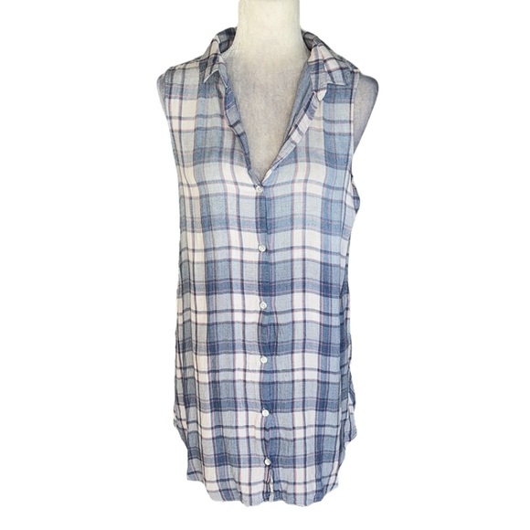 Anthropologie Cloth & Stone Blue Plaid Sleeveless Button Front Shirt Dress - S - Picture 2 of 12
